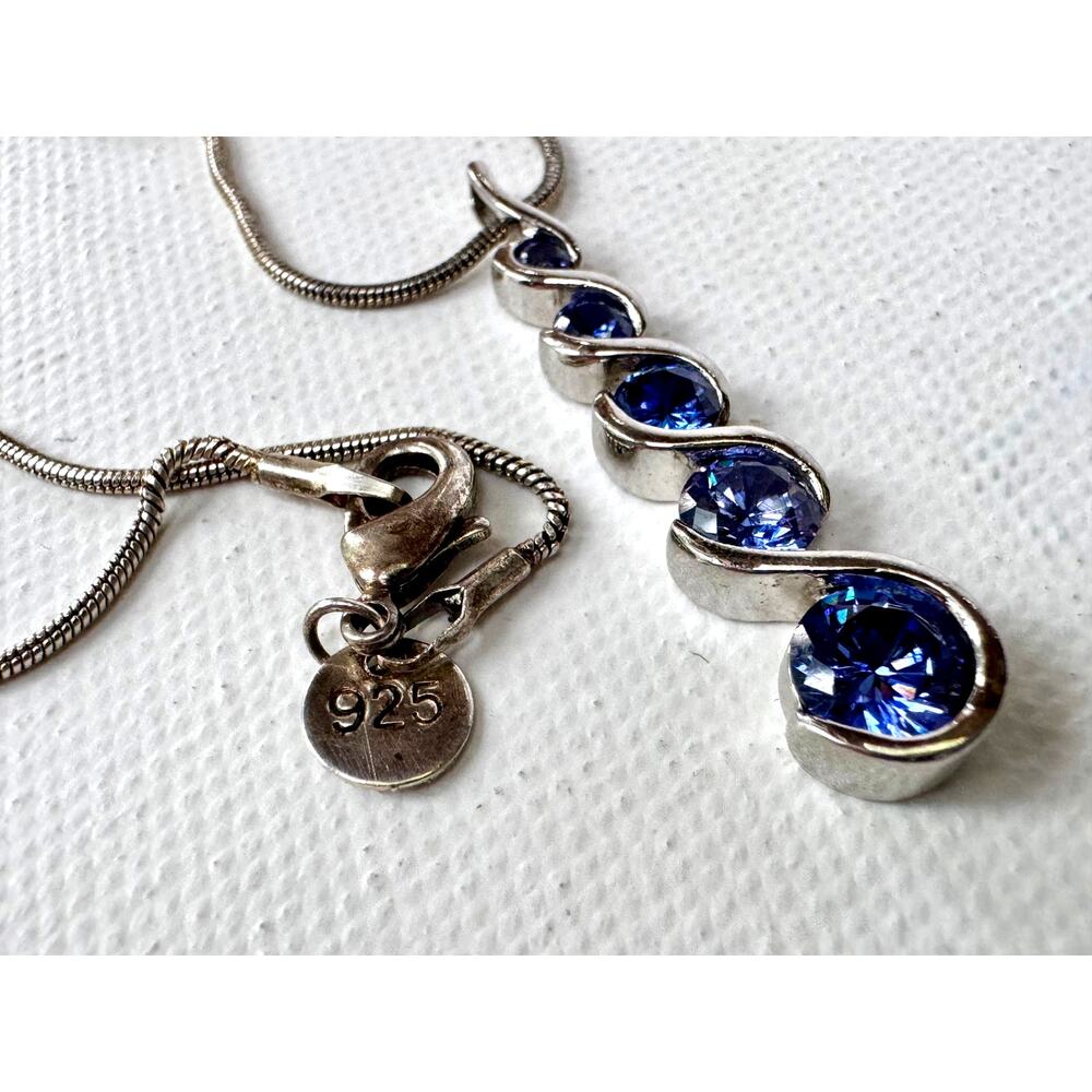 Vintage Sterling Silver Blue Stone Necklace 925 Graduated Pendant Snake Chain